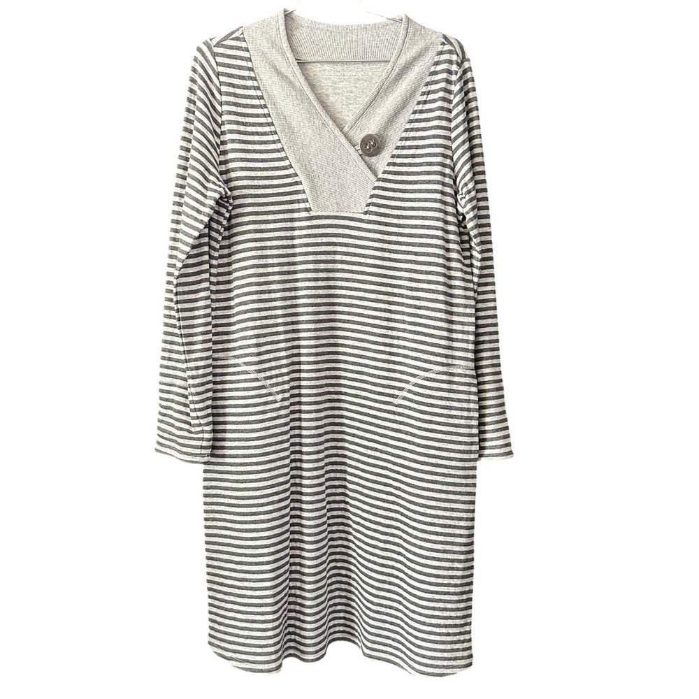 Soft Surroundings Striped Cotton Knit Dress Grey V-Neck Button Medium
